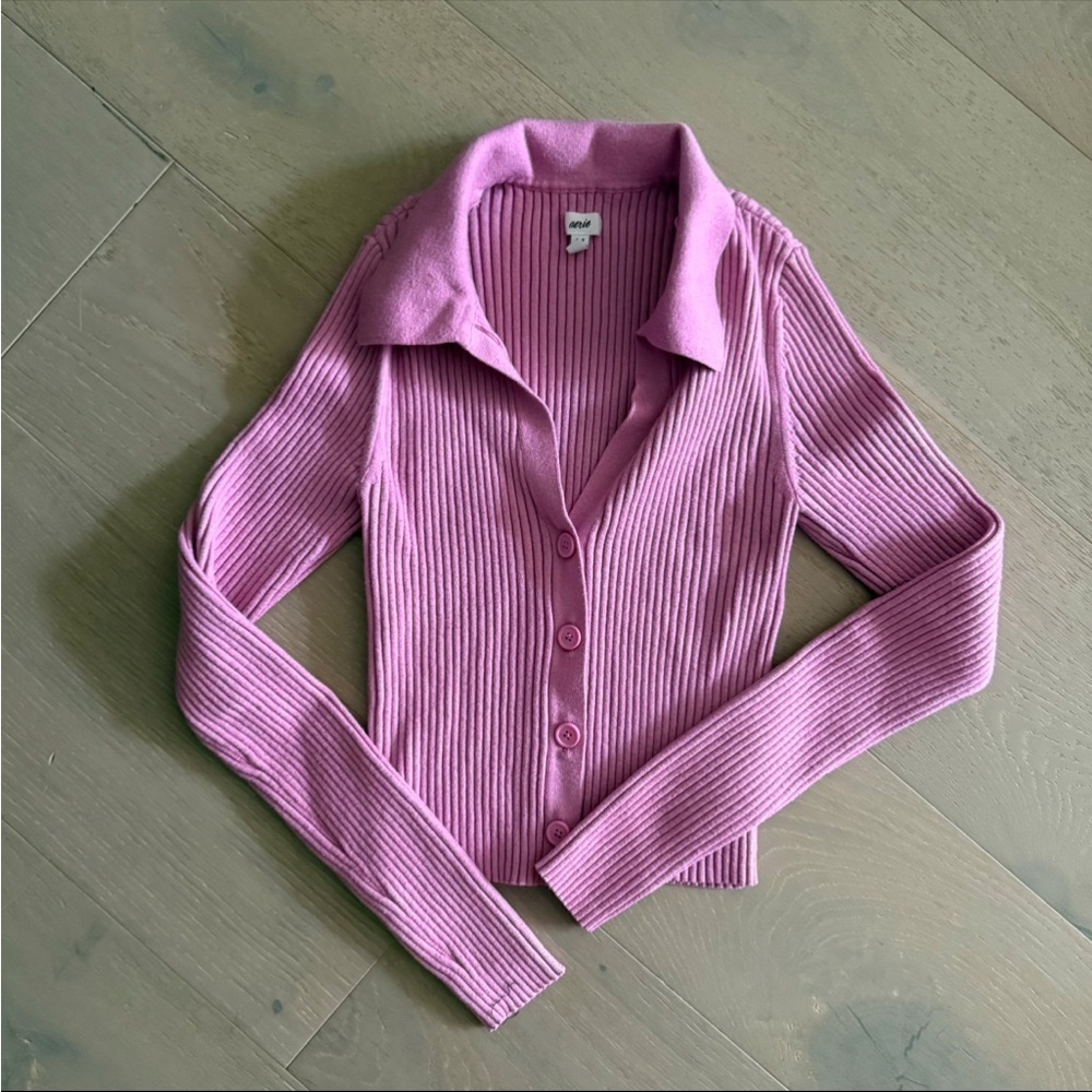 Aerie Dusty Blue Ribbed Polo Collared Long Sleeve Button Down Knit Top